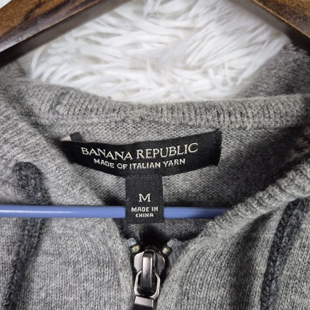 Banana Republic Mens Merino Wool Blend Full Zip Hoodie Gray Elbow Patch Medium